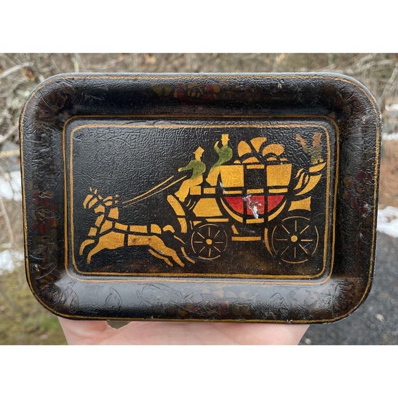 Vintage Hand Painted Toleware Rectangular Diminutive Tray Tip Snack Black Gold - Picture 1 of 16